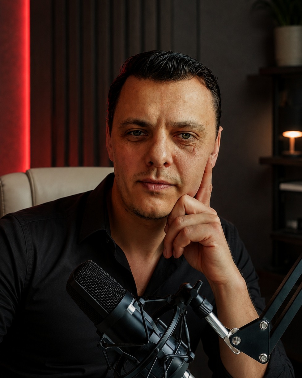 Świadomy Mężczyzna w studiu nagrań — gest zamyślenia, mikrofon w tle